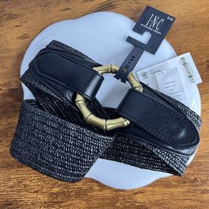 INC Sz S-M Stretch Black Woven Womens Belt Gold Tone Bambo Buckle Boho NICE
